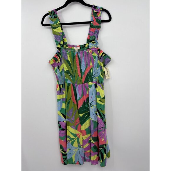 Terra & Sky Peasant Boho Smocked Tropical Floral Dress Green Multi Color 1X NEW - Picture 3 of 6